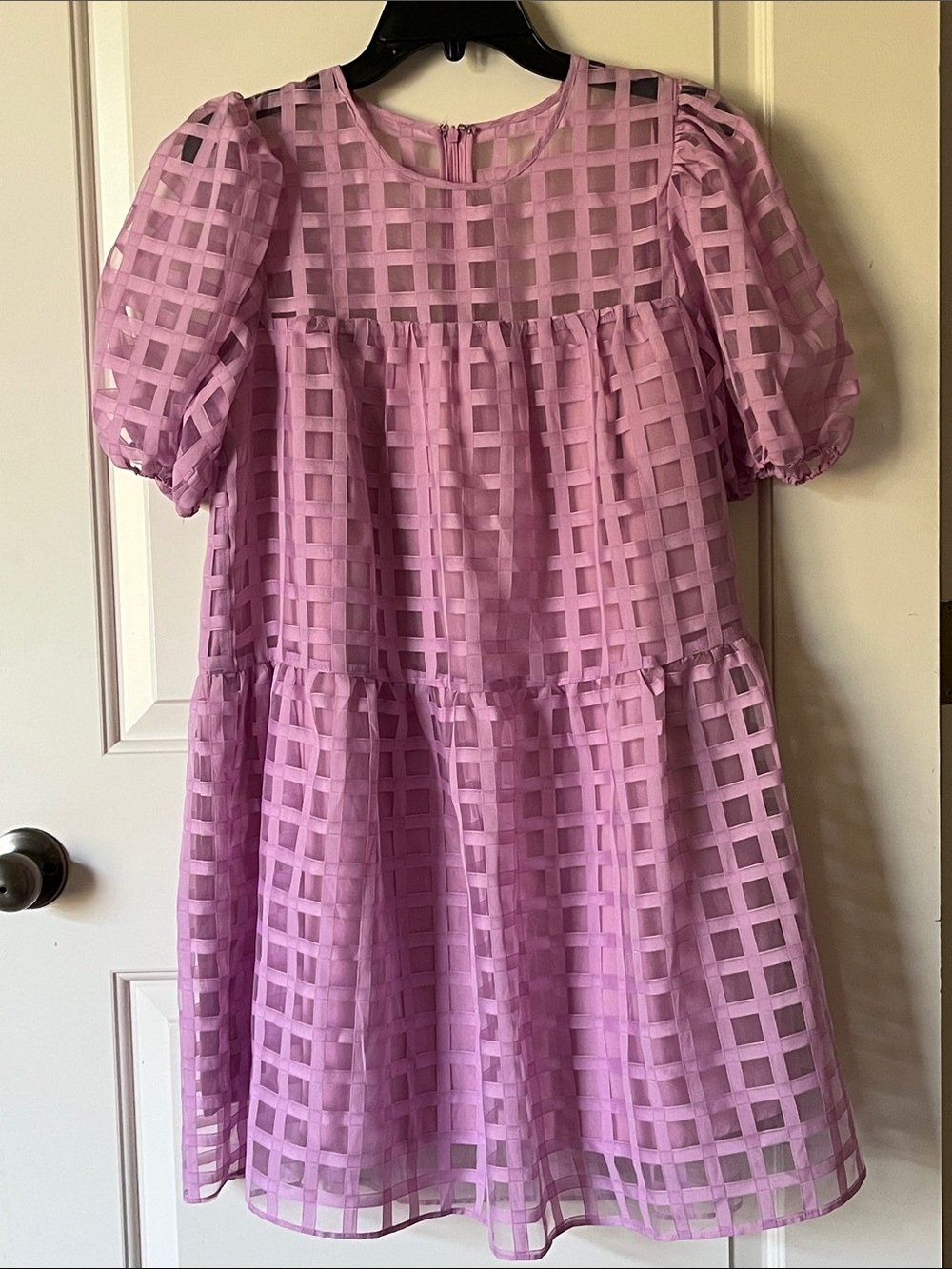 English Factory Lavender Grid Check  Organza Puff Sleeve Dress